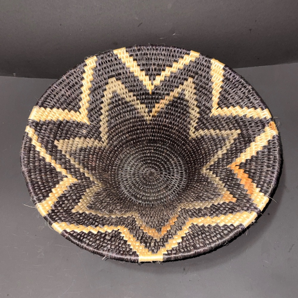 Handwoven Coil Basket Bowl Black Natural Geometric Star Pattern 14 Inch Decor